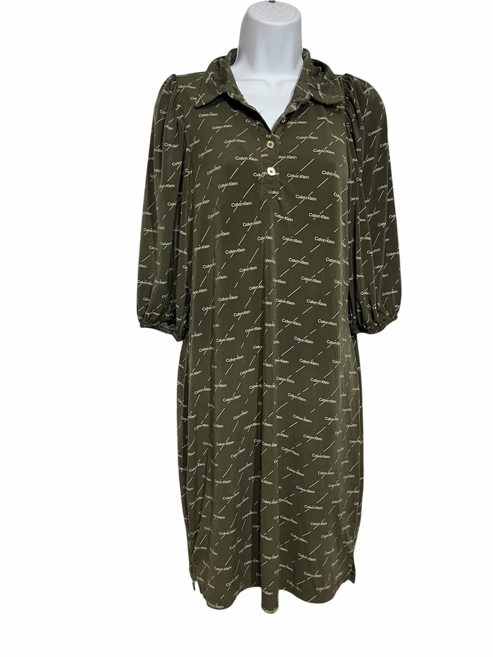 Calvin Klein Olive Green All Over Logo Print Midi Shirt Dress Size 10 Casual